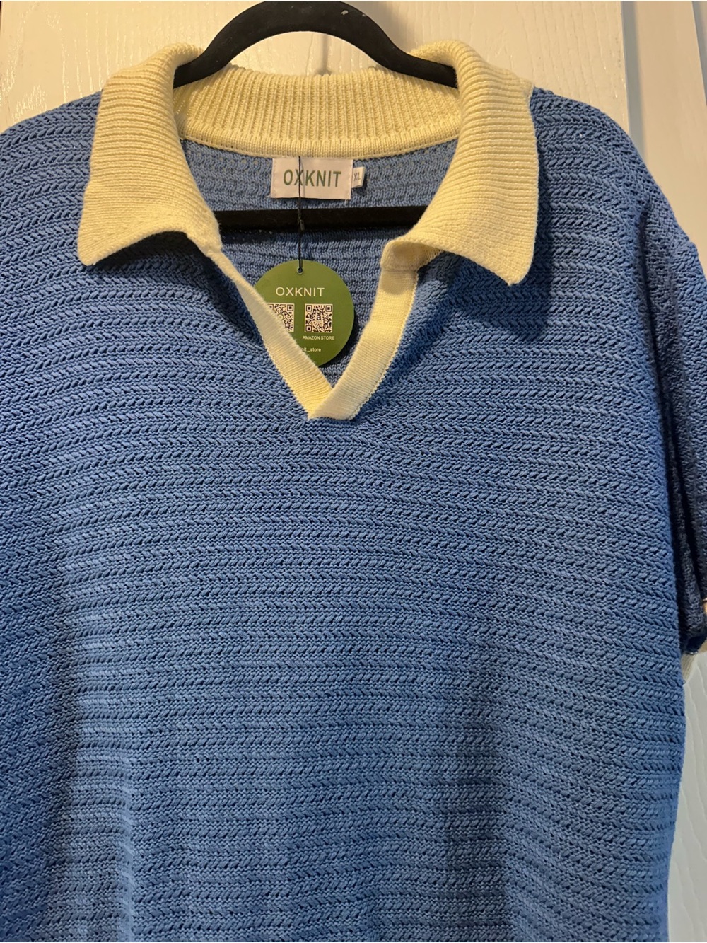 OXKNIT Men's Blue V-Neck Polo-Collar Knit Sweater with Cream Collar